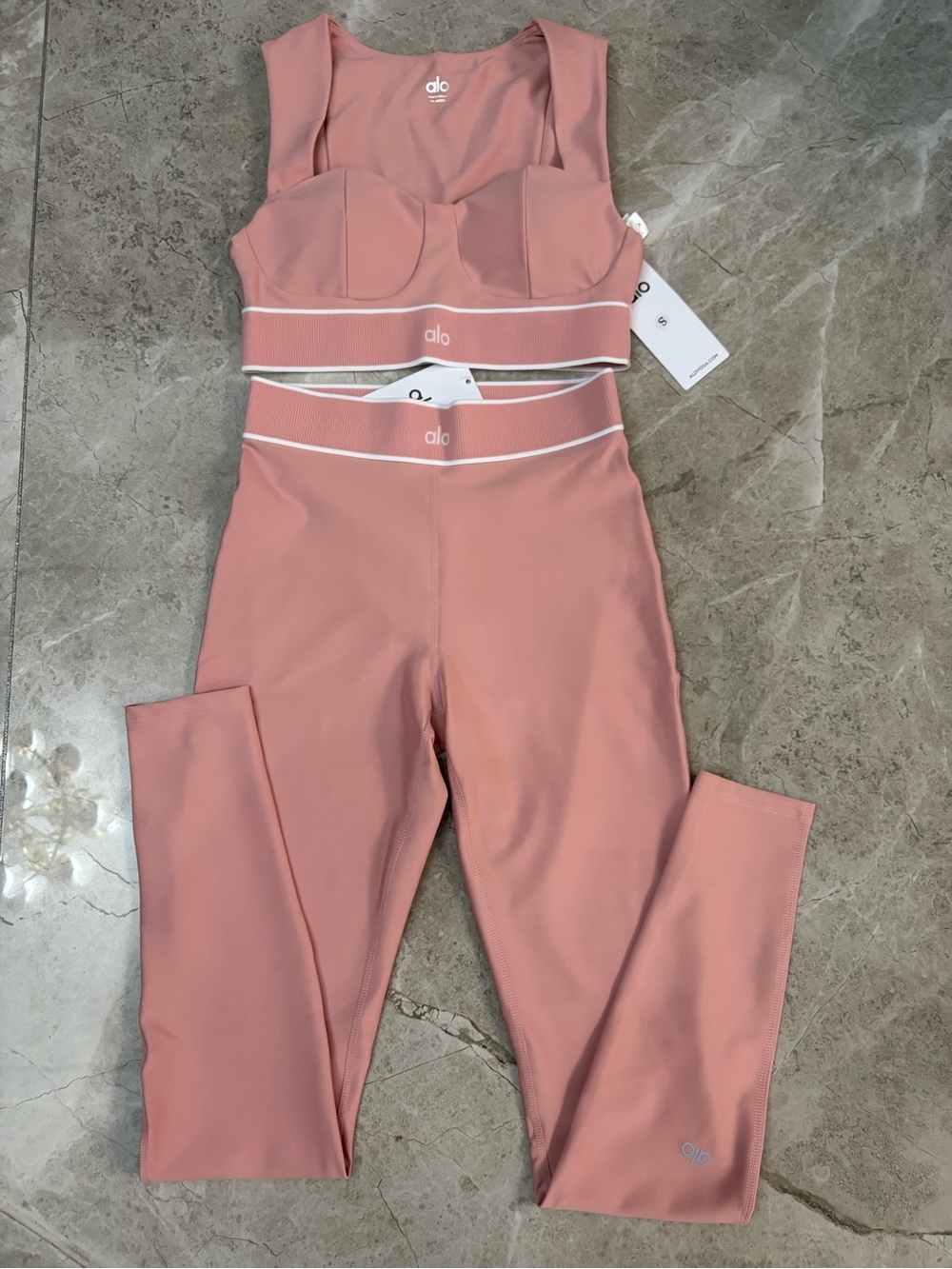 ALO Yoga Dusty Rose Support Bra and High-Waist Leggings